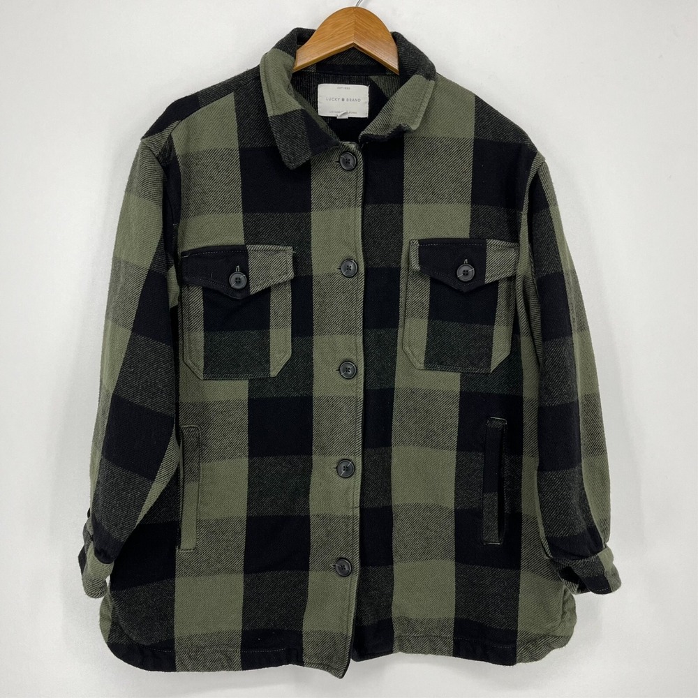 Lucky Brand Overcoat Men's L Green Plaid Flannel Button‎ Heavyweight Collared